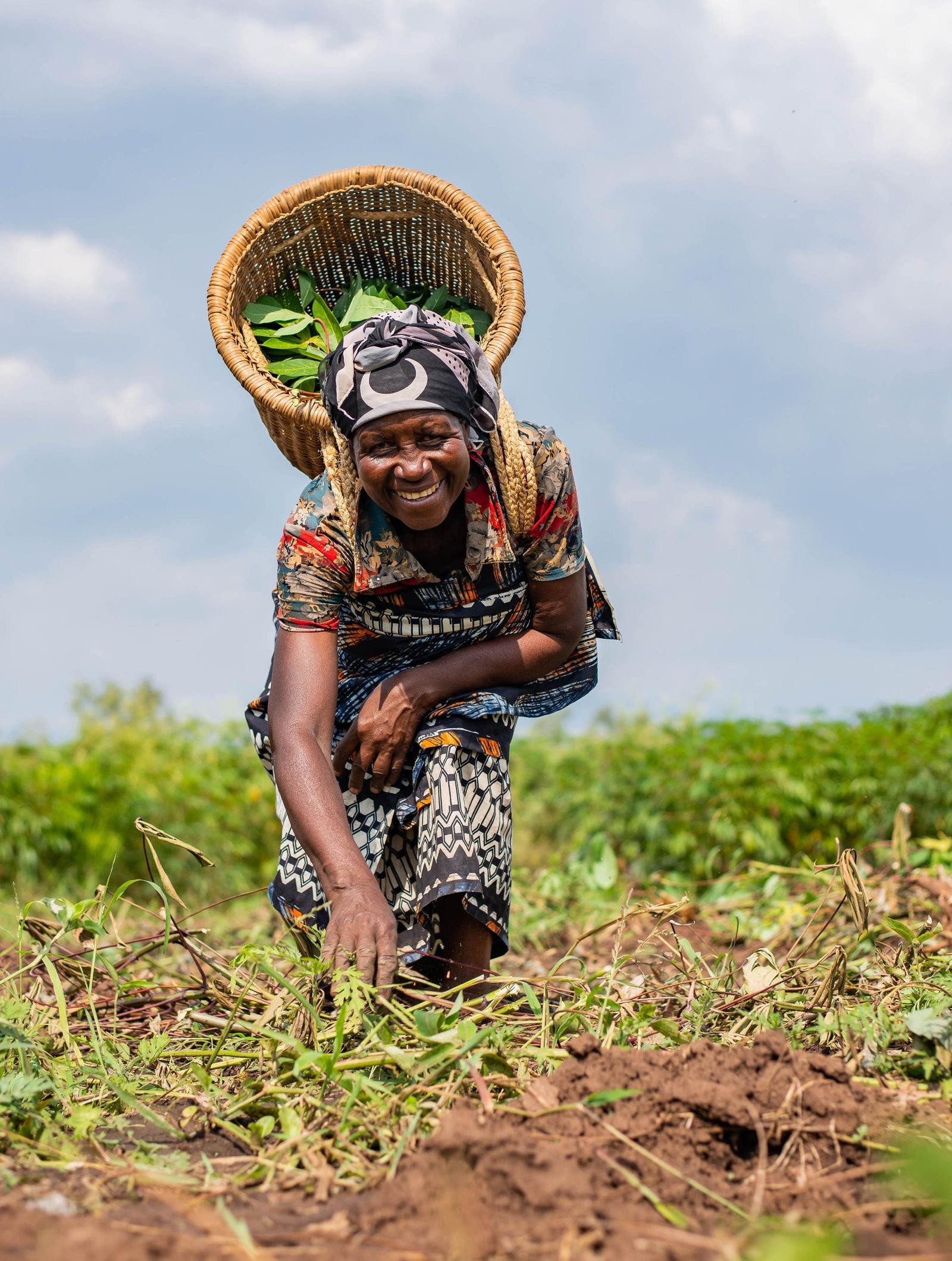 Agricultrice souriante récoltant dans son champ, un panier sur le dos