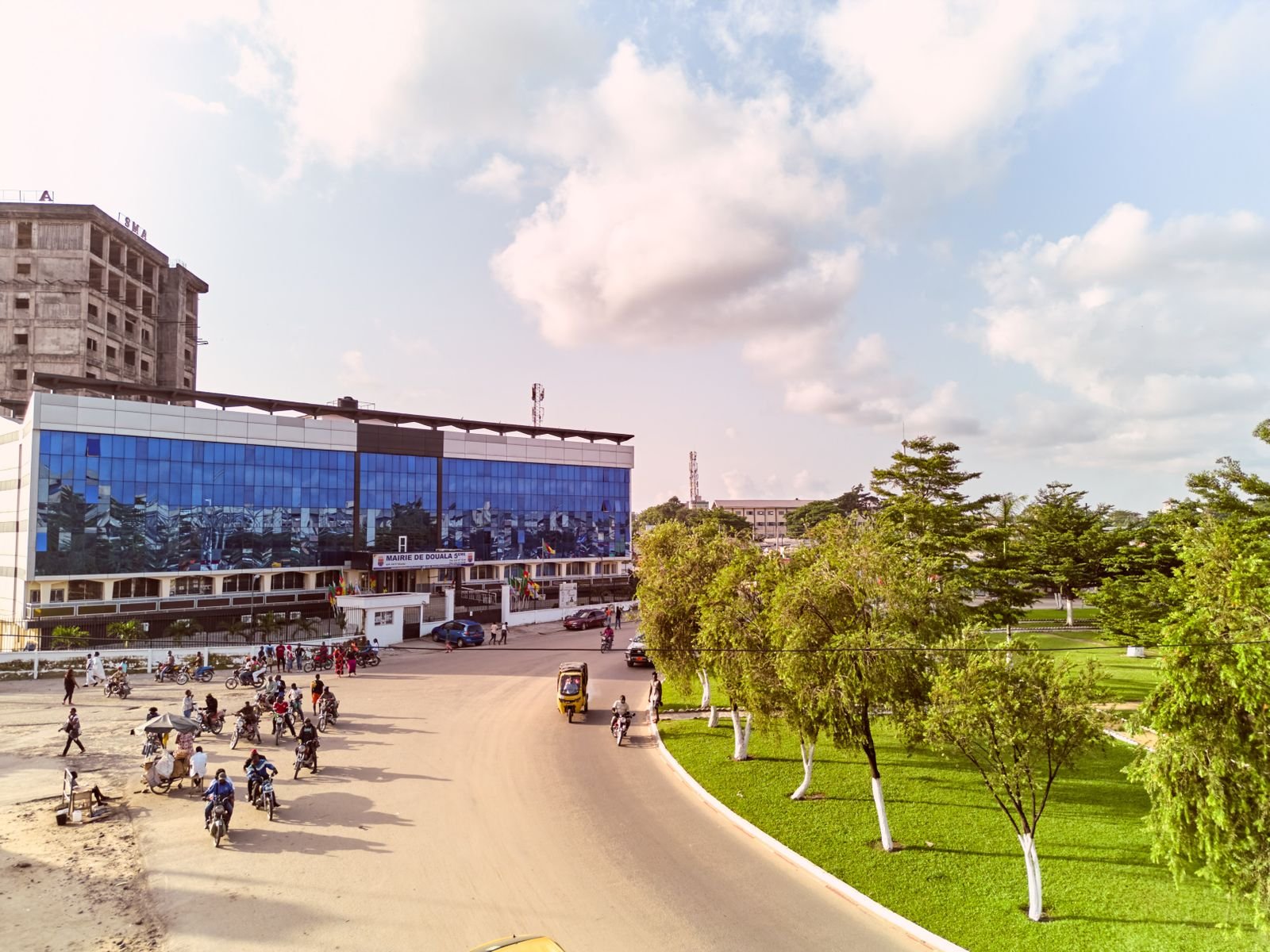 Bâtiment moderne et avenue arborée à Douala