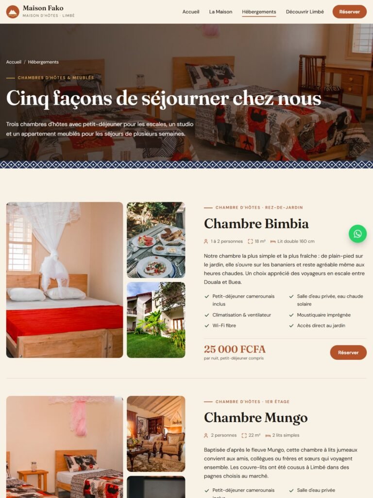 Maison Fako website – hebergements page